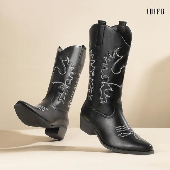 Women Black Manmade Material Mid Calf Embroidered Low Heel Pointed Toe Boots - Picture 5 of 6